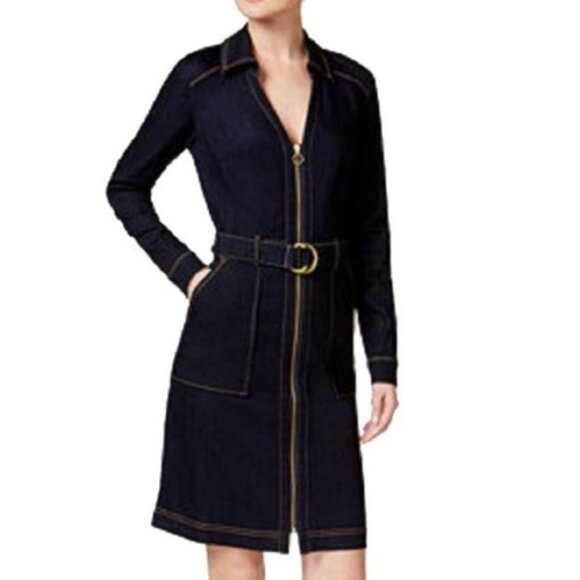 Blue Dark Wash denim Belted Long Sleeves Shirt-Dress size 12 Large - Picture 1 of 7